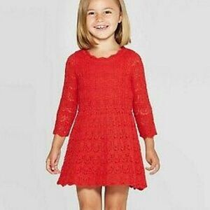 NWT Girls 3/4 Sleeve Red Crochet Sweater Dress - Cat & Jack